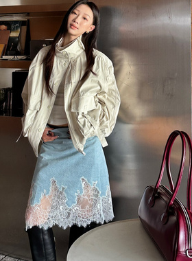 fifth 牛仔半身裙女春夏新款ffu休闲百搭拼接蕾丝气质法式a字半裙