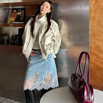 fifth 牛仔半身裙女春夏新款ffu休闲百搭拼接蕾丝气质法式a字半裙