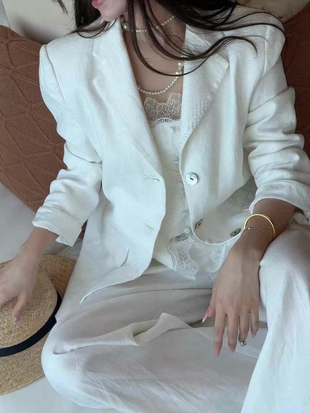 欧洲站25春季V+.COM高级感气质外套单排扣垫肩长袖西服苎麻西装女