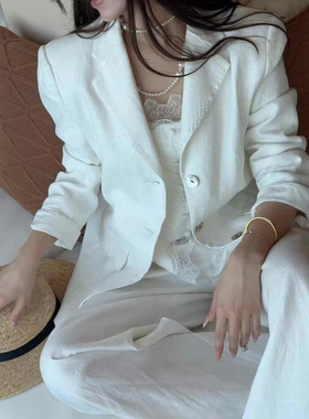 欧洲站25春季V+.COM高级感气质外套单排扣垫肩长袖西服苎麻西装女