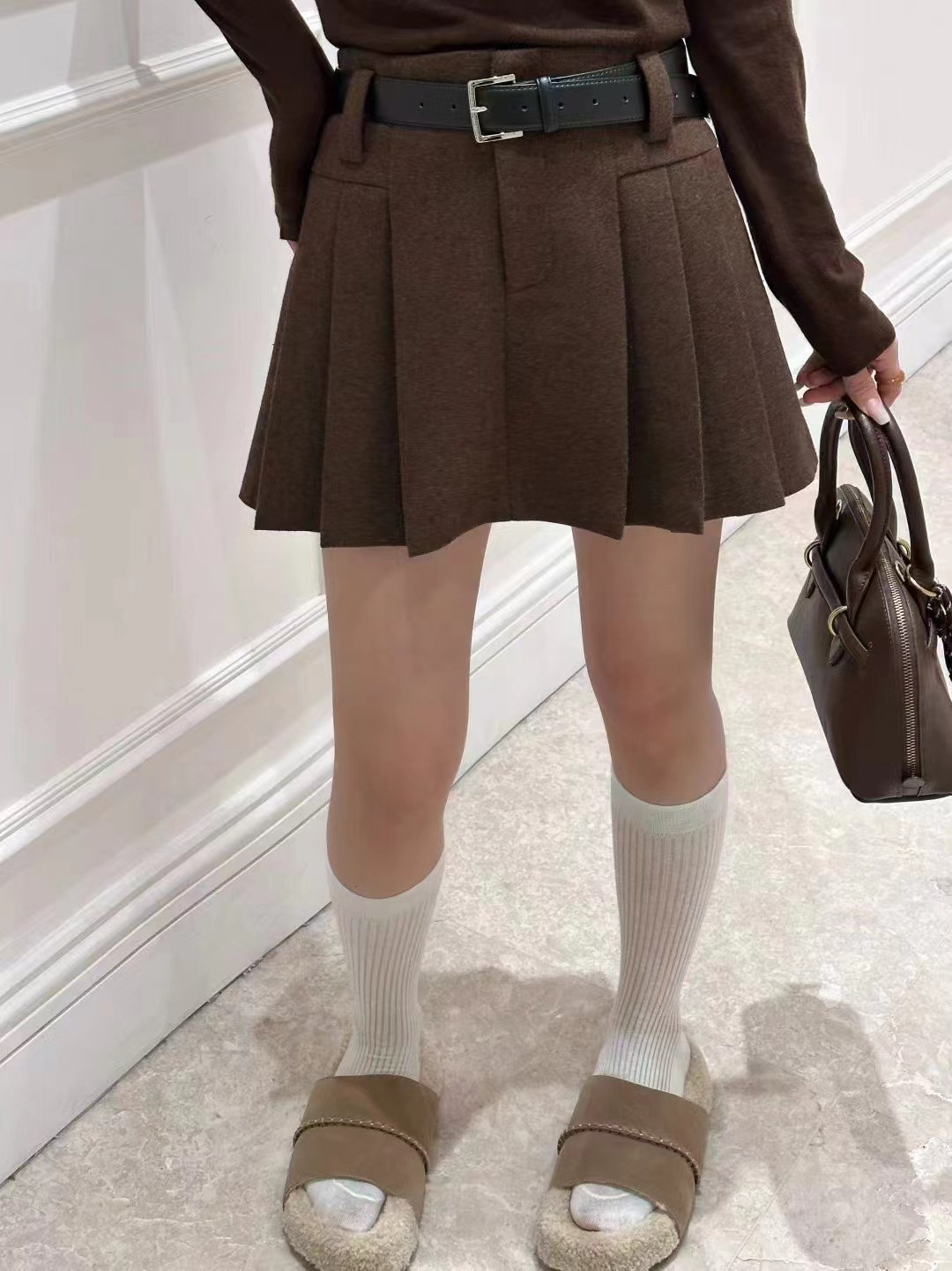欧洲站25秋冬Z.C百褶毛呢半身裙复古高腰深灰色设计感a字短裙