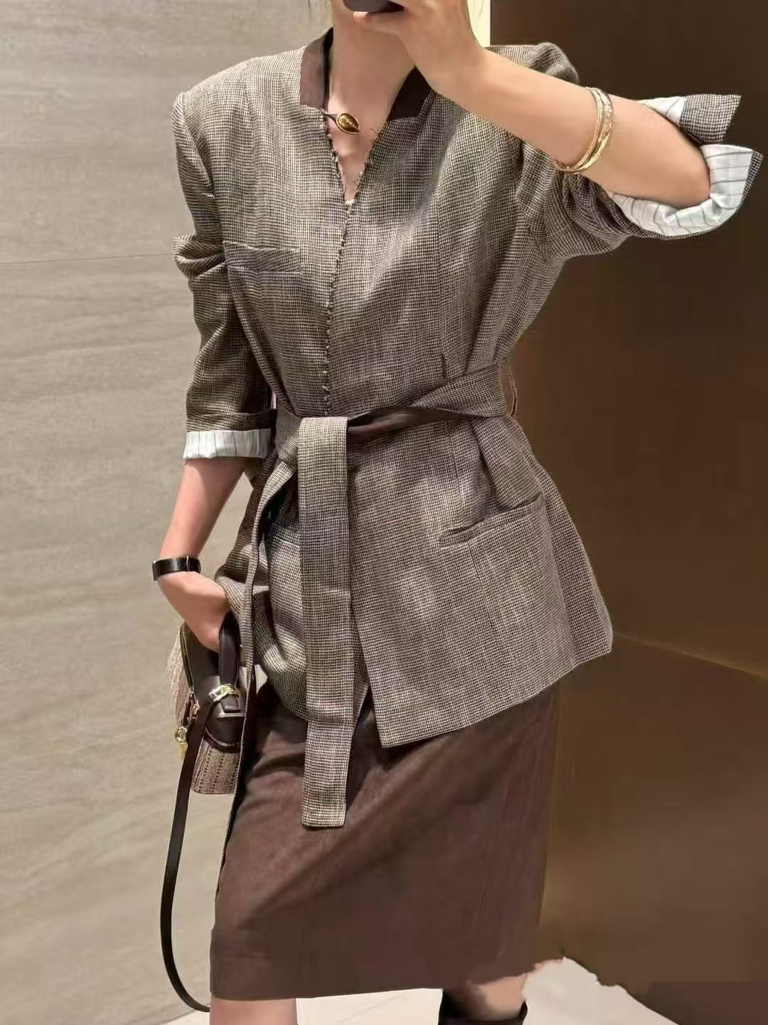 欧货正品26秋季V+.COM千鸟格收腰西装外套女领口拼接无领格子西服