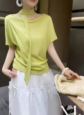 欧洲站2026夏季简约纯色莱赛尔亲肤宽松短袖T恤一字领飘带上衣女