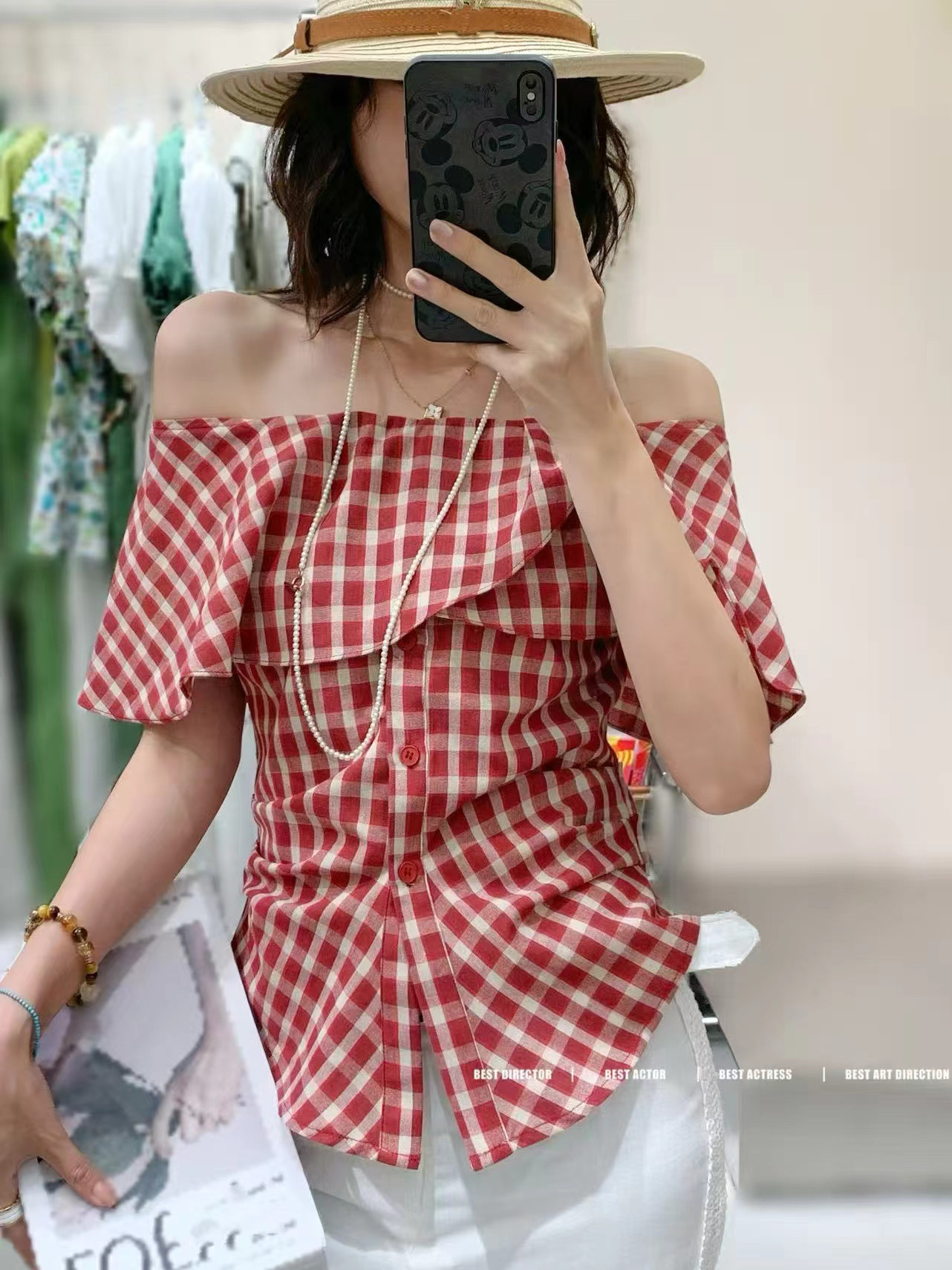 欧洲站26夏季V+.COM一字领荷叶边褶皱时尚格子修身小女人百搭上衣