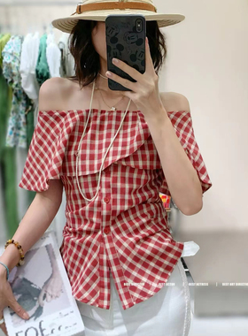 欧洲站25夏季V+.COM一字领荷叶边褶皱时尚格子修身小女人百搭上衣