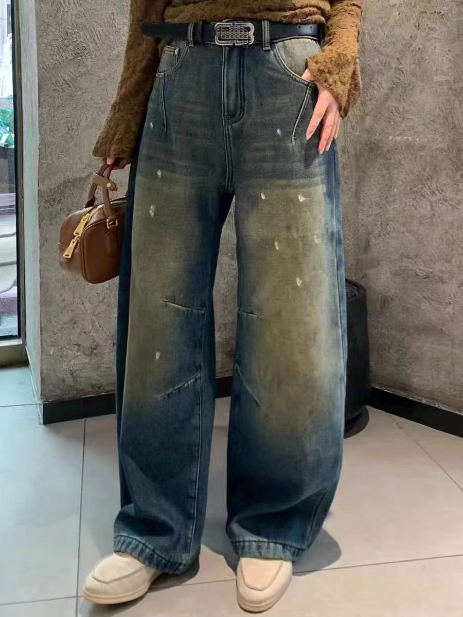 欧洲站2025冬季V+.COM新款做旧泼漆弯刀裤加绒阔腿牛仔裤脏脏裤女