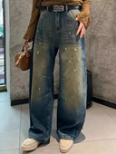 脏脏裤 欧洲站2025冬季 女 做旧泼漆弯刀裤 加绒阔腿牛仔裤 .COM新款