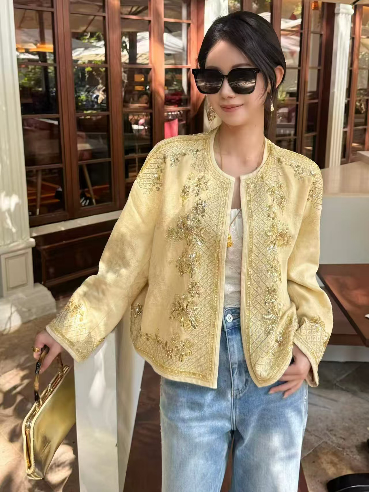 欧洲站2026春季Dong.one新中式串珠亮片重工刺绣国风牛仔短外套女