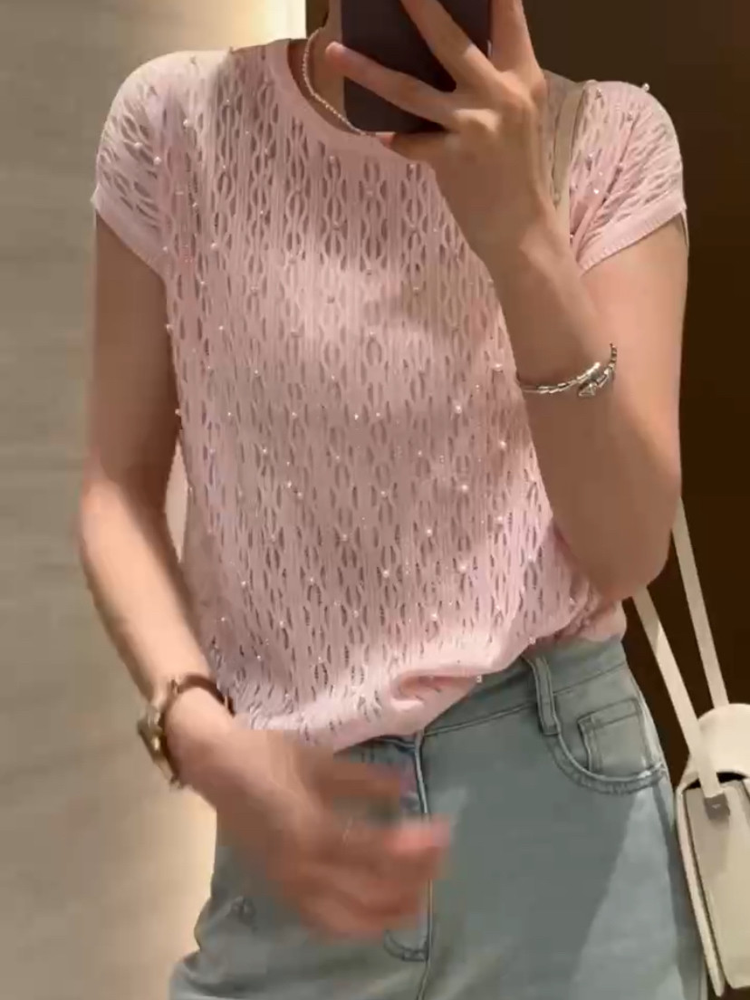 欧洲站26夏季Dong.one圆领减龄钉珠烫钻透气镂空小飞袖针织上衣女