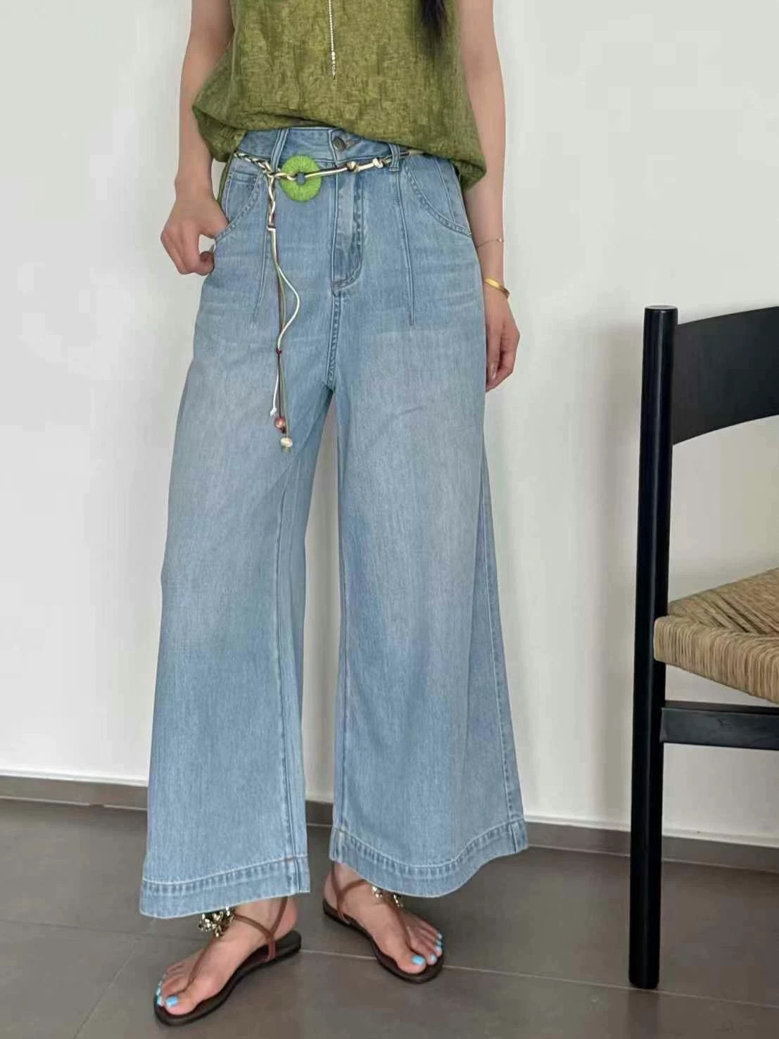 欧洲站2025夏季V+.COM新腰系带浅色水洗百搭显瘦休闲阔腿牛仔裤女