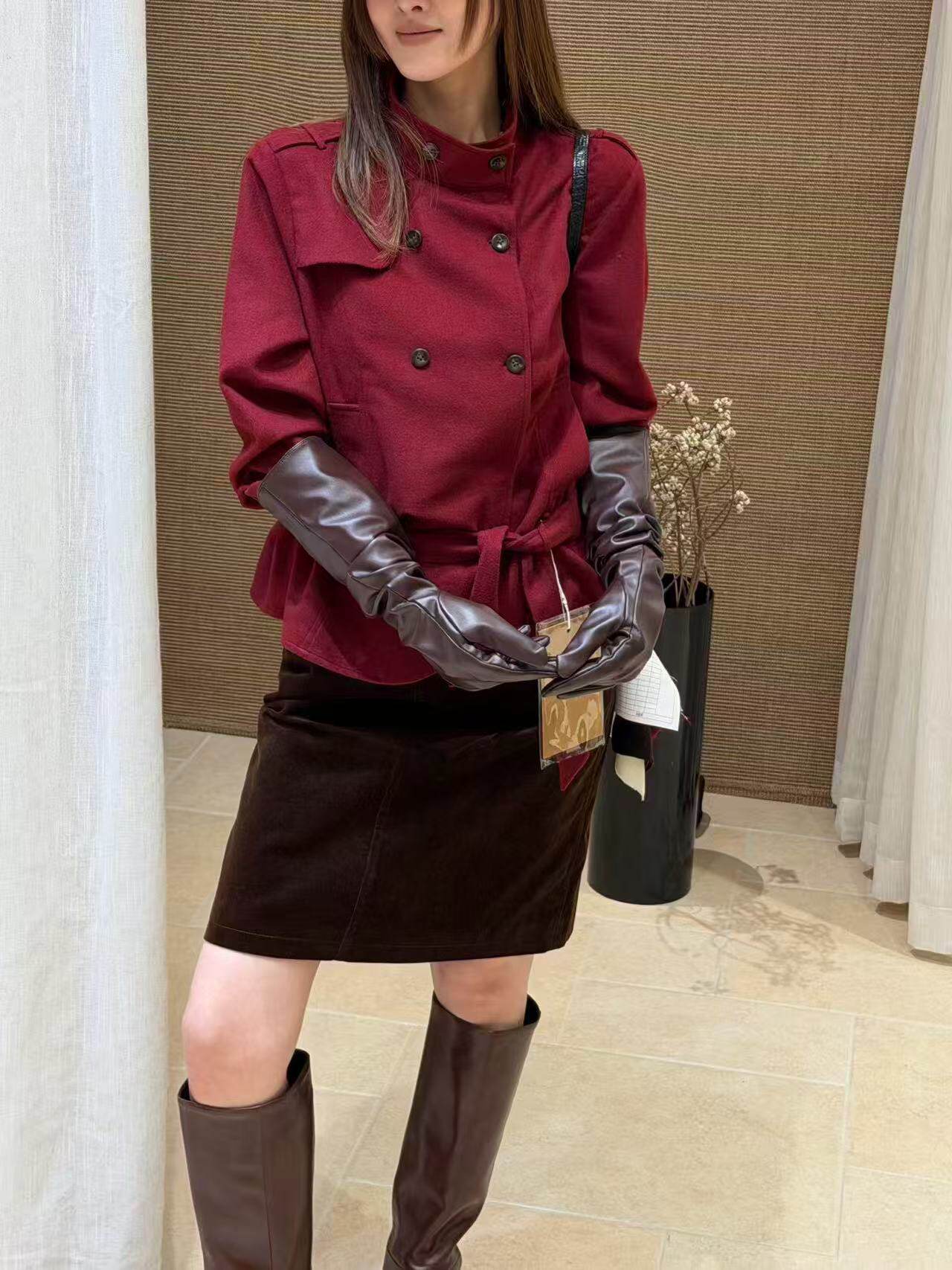 欧洲站26秋冬V+.COM小个子短款风衣女立领双排扣收腰系带工装外套
