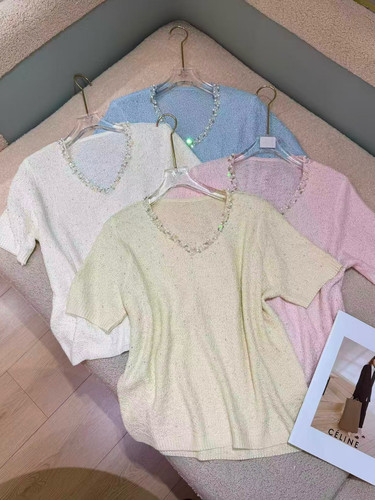 欧洲站26欧货新款重工钉珠短袖V领T恤女薄款设计感针织上衣6H-195