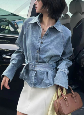 欧洲站2026早春新V+.COM气质简约收腰系带翻领长袖牛仔衬衫上衣女