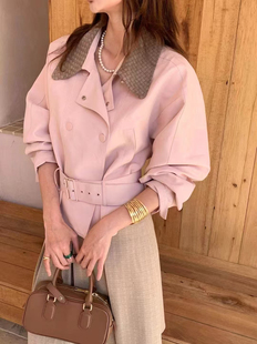 风衣女系带收腰宽松外套 .COM新撞色编织翻领短款 欧洲站2026春季