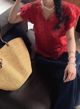 欧洲站25夏季女V+.com时尚V领拼花边提花飞边袖减龄苎麻衬衫纯色