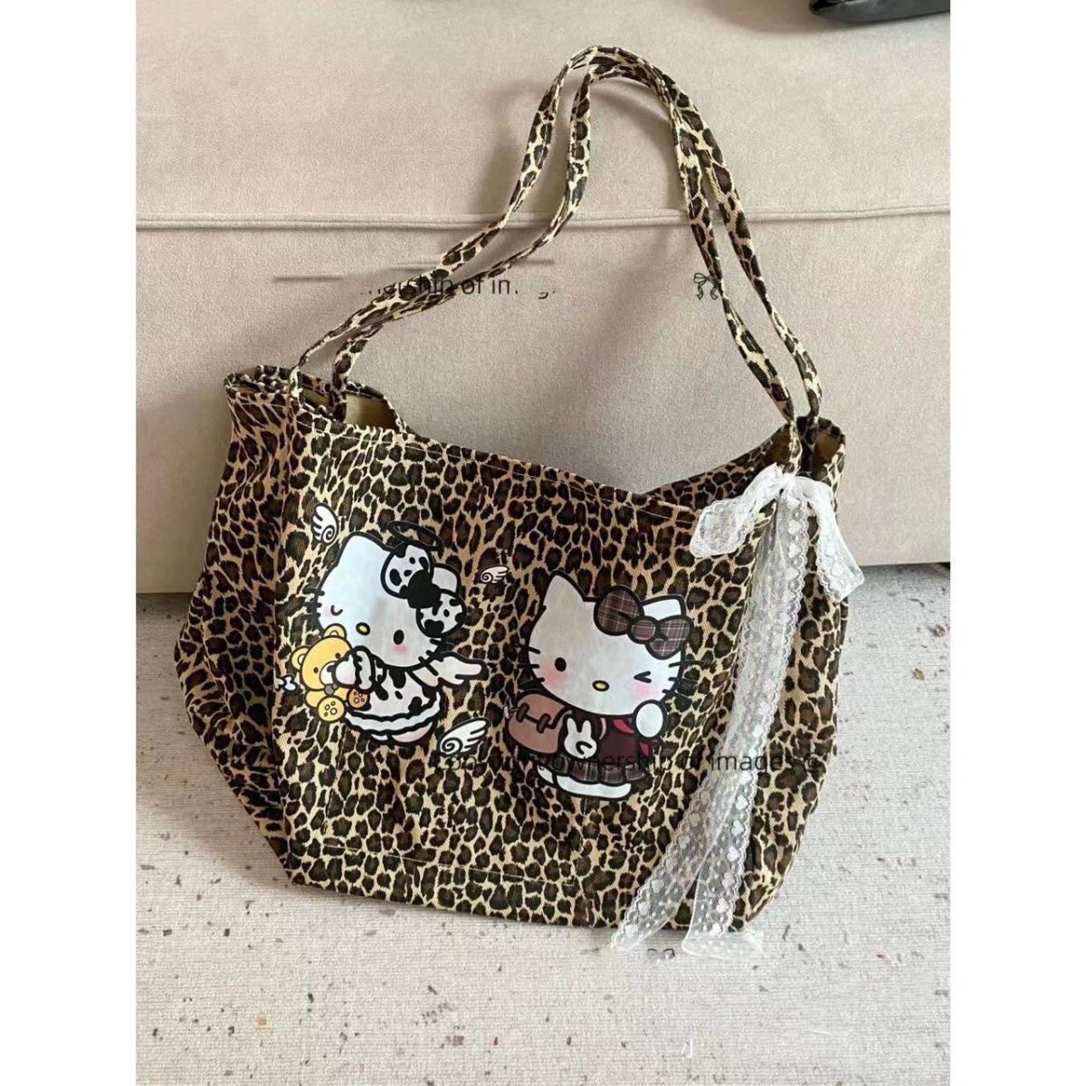 HelloKitty豹纹单肩包美式复古大容量托特包小众百搭购物包手提包