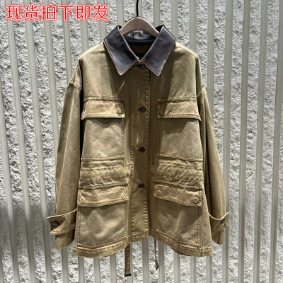 商场同款2025年春季新款宽松拼接高级感复古皮领帆布工装外套夹克