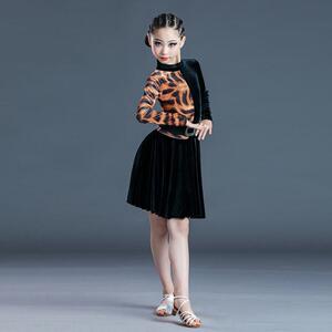 儿童拉丁舞服秋冬拉丁舞裙练功服女少儿比赛服女童豹纹长袖演出服