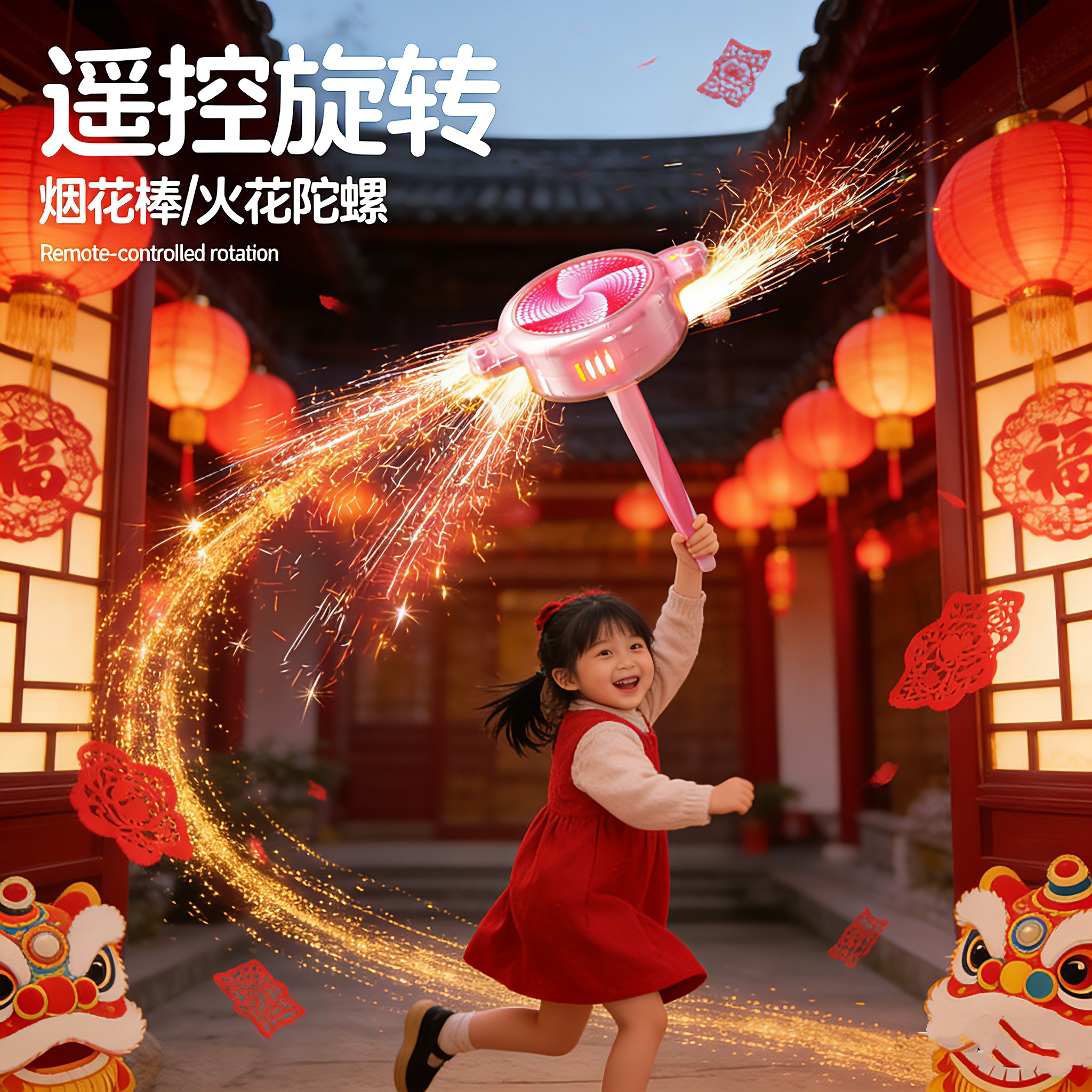 新款儿童遥控旋转发光陀螺手持火花仙女棒玩具儿童男女孩生日礼物