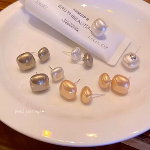 秋冬爆款简约仿珍珠方形耳钉香槟色高级感百搭温柔耳环法式耳饰潮