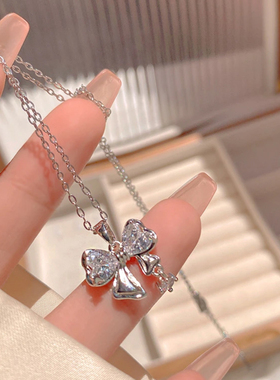 韩版甜美气质银色锆石蝴蝶结项链