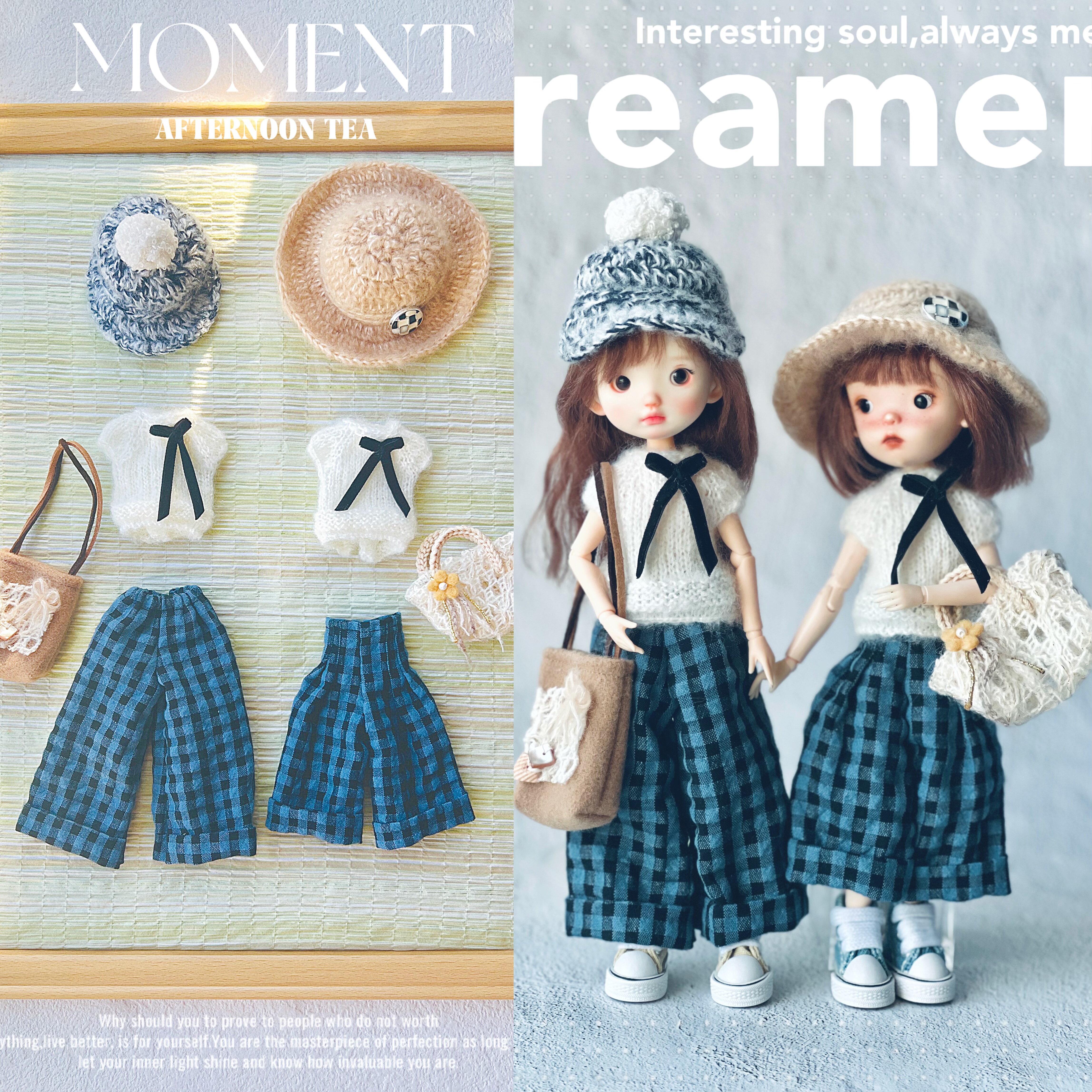 六分bjd娃衣蓝格子阔腿裤套装小布蓝豆豆ob22，ob24通穿