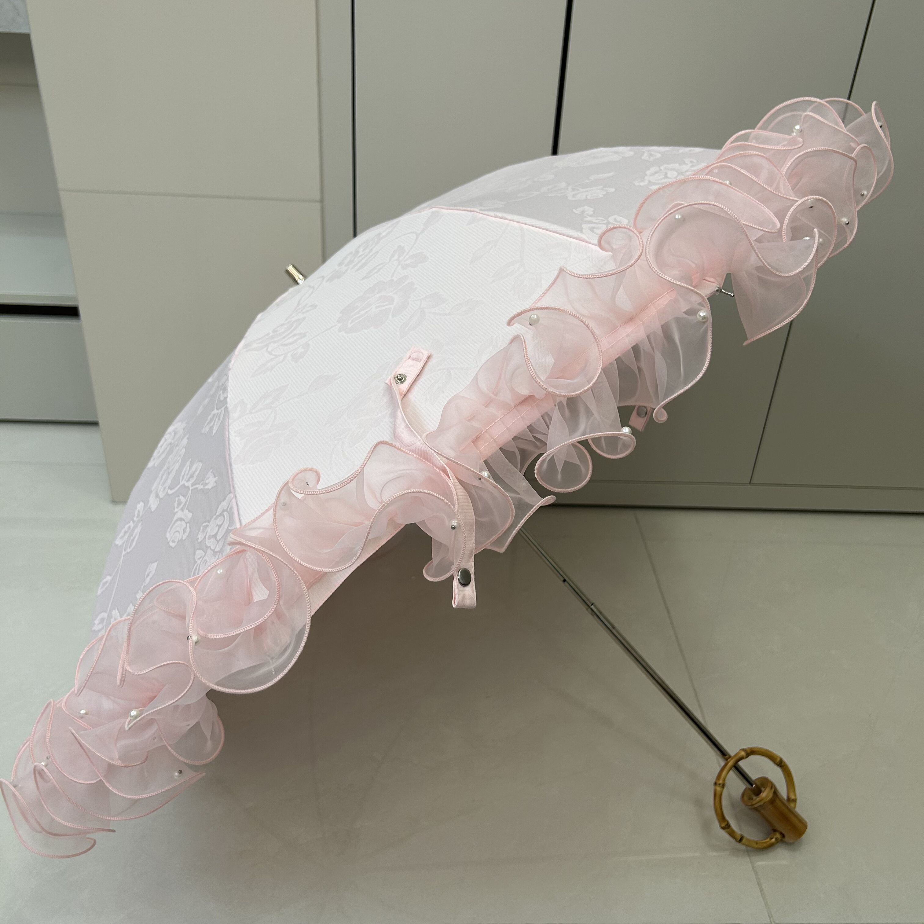 日系高颜值粉色棉布烧花蕾丝珍珠小清新圆环竹节折叠遮阳伞紫外线