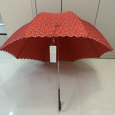 日系小清新红色碎花刺绣边ins手动轻细长柄伞晴两用女神优雅直杆