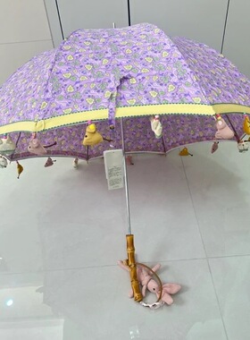 日系高颜值复古小清新紫色拱形长柄伞可爱玩偶遮阳伞紫外线竹手柄