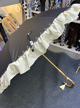 日系黑色星星刺绣花边小清新风格洋伞荷叶花边手动木制遮阳公主伞