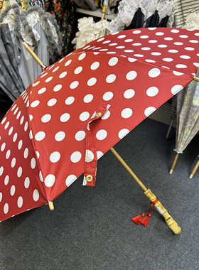 高颜值日系小清新红色太阳伞圆点晴雨两用防晒遮阳竹节弯钩长柄伞