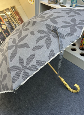 高颜值日系小清新灰色烧花棉布木制长柄伞晴雨两用防晒遮阳太阳伞