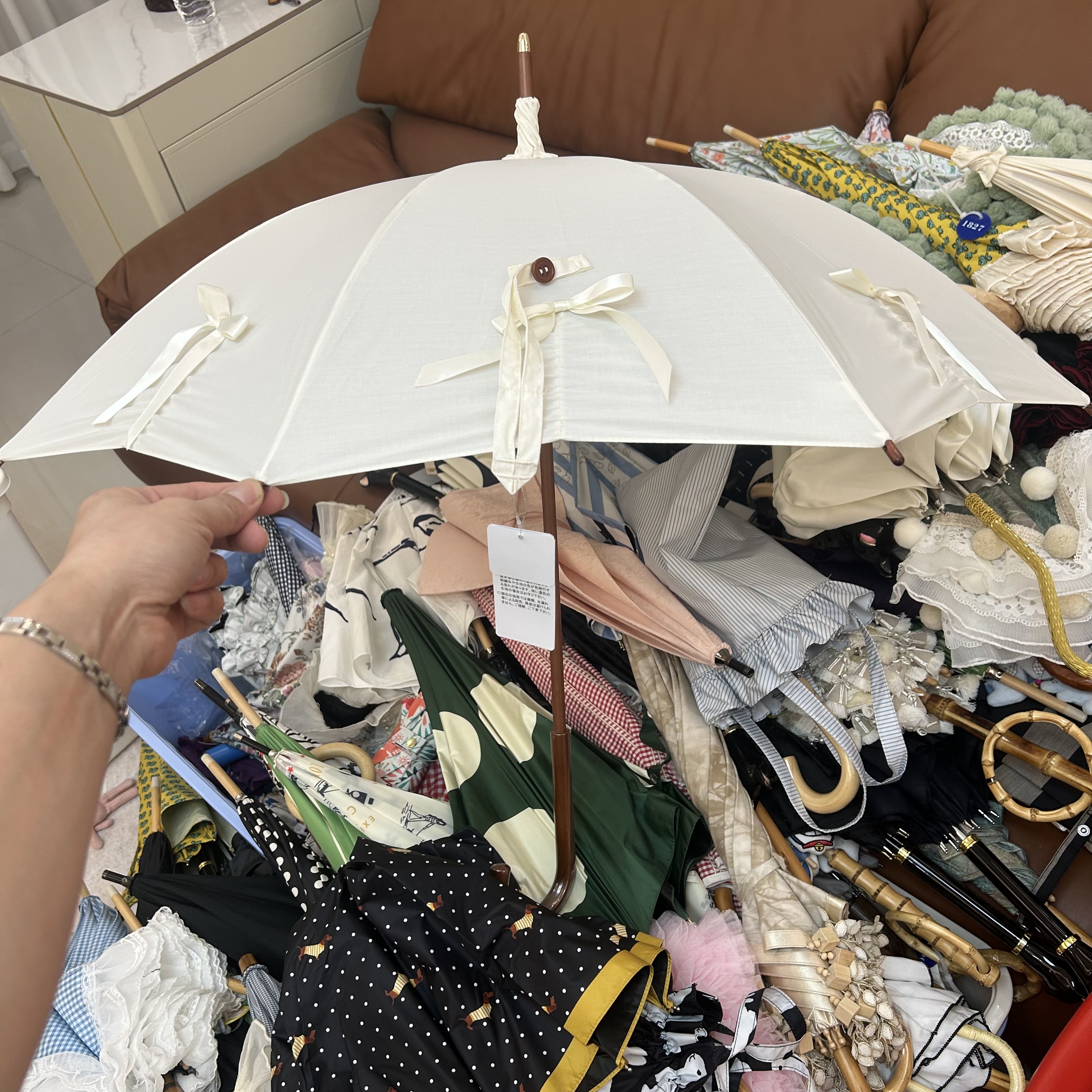 日本伞高级复古白色棉布蝴蝶结遮阳伞手动木制长柄伞防晒防紫外线
