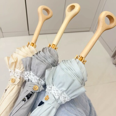 日系高颜值复古小清新棉布条纹花边镂空刺绣猫狗圆环木柄遮阳伞女