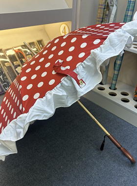 高颜值日系复古红色波点花边木制长柄伞黑胶晴雨两用防晒遮阳伞女