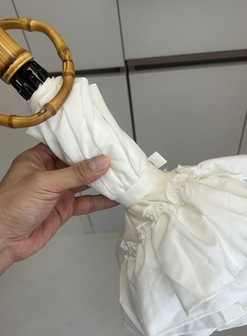 日系高颜值复古小清新白色棉布荷叶花边折叠遮阳伞紫外线圆环竹柄
