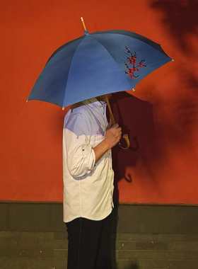 日系高颜值复古小清新蓝色棉布刺绣筇竹长柄伞遮阳伞防紫外线女神