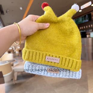 秋冬新款可爱圆球触角宝宝针织帽护耳保暖百搭防寒儿童毛线套头帽