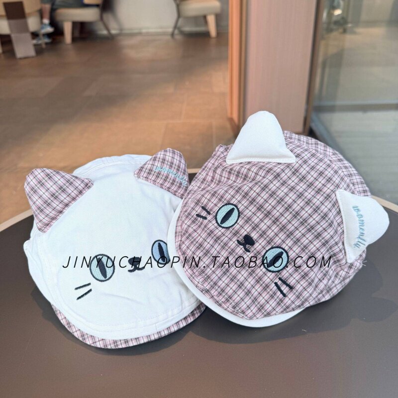 春秋季可爱小猫格纹前进帽女童复
