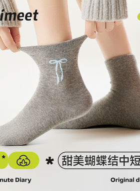派米灰色蝴蝶结袜子女春秋中筒袜2026新款甜美波点配小皮鞋学生棉