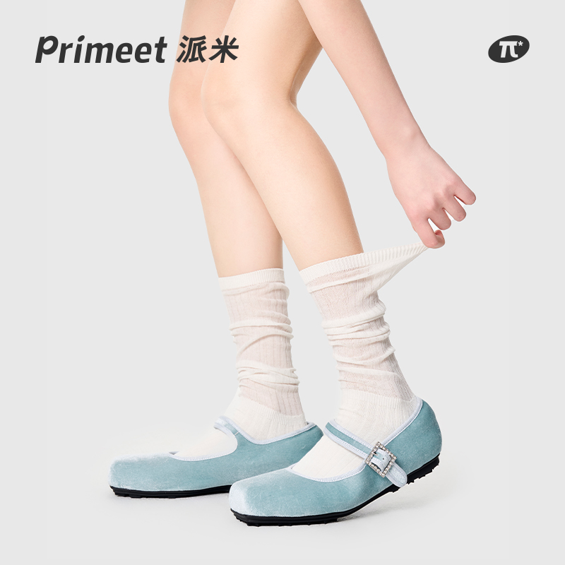 PRIMEET/派米白色堆堆袜女春夏长筒袜芭蕾风中筒袜夏季薄款小腿袜