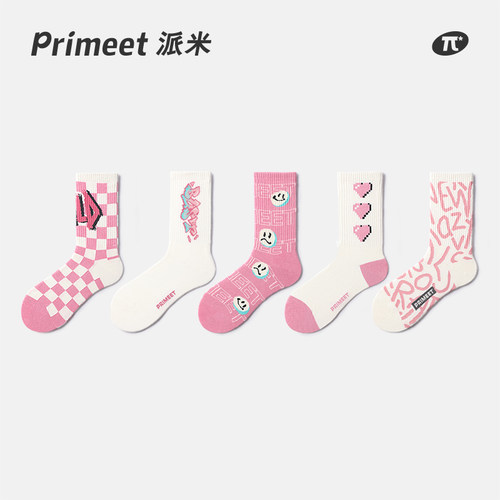 PRIMEET情侣粉色潮流中筒袜