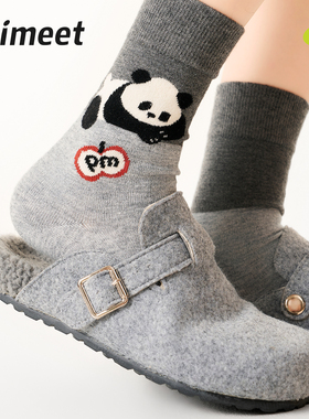 派米20%羊毛袜子女秋冬加厚保暖中筒袜可爱灰色熊猫发热冬季长袜