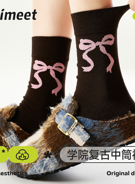 派米袜子男女秋冬款复古可爱中筒袜长袜蝴蝶结条纹棉袜