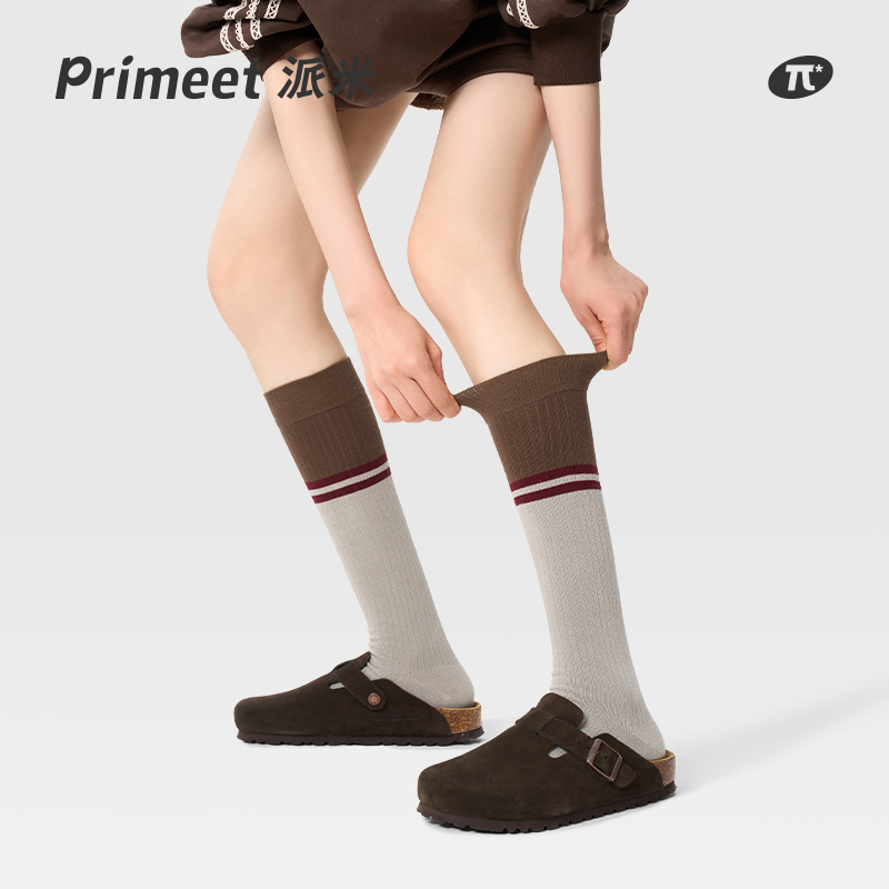 PRIMEET/派米拼接小腿袜女春夏保暖长筒袜日系条纹堆堆袜冬季长袜