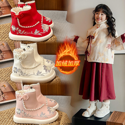 女童汉服鞋子加绒公主古风短靴
