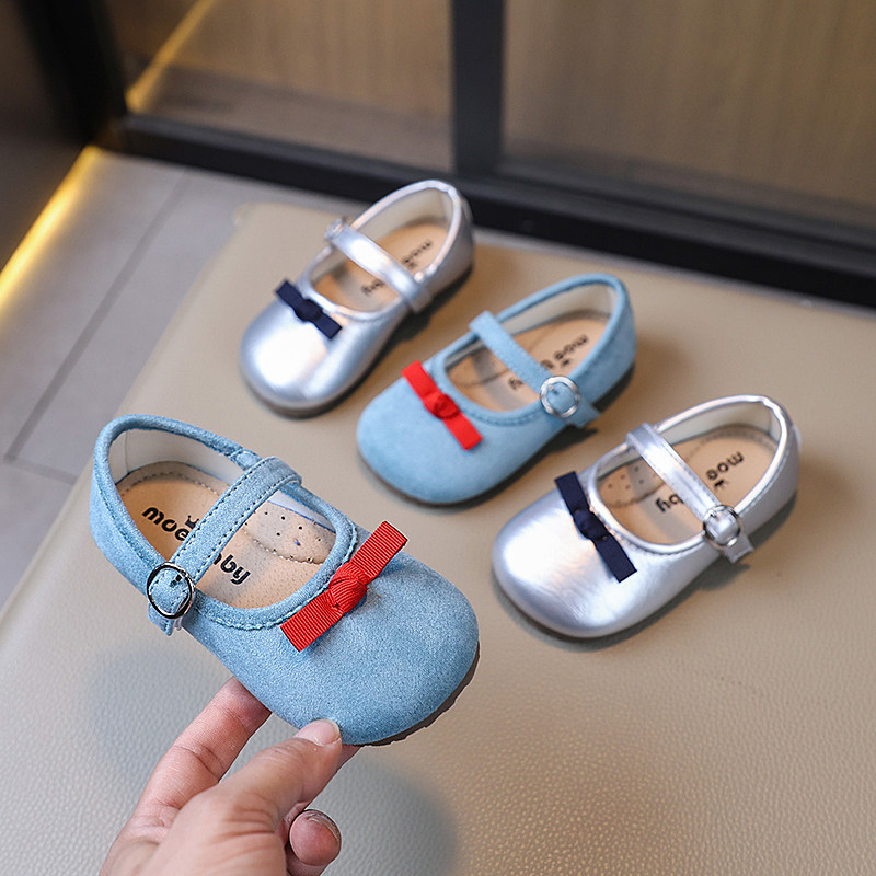 女童小皮鞋2025春秋季小女孩蝴蝶结浅口公主鞋软底豆豆鞋宝宝单鞋