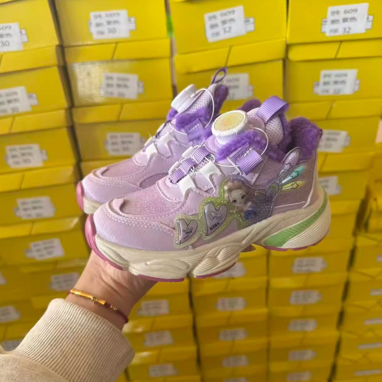 女童旋转纽扣冬季加绒中大童保暖运动鞋韩版轻便休闲跑鞋老爹鞋