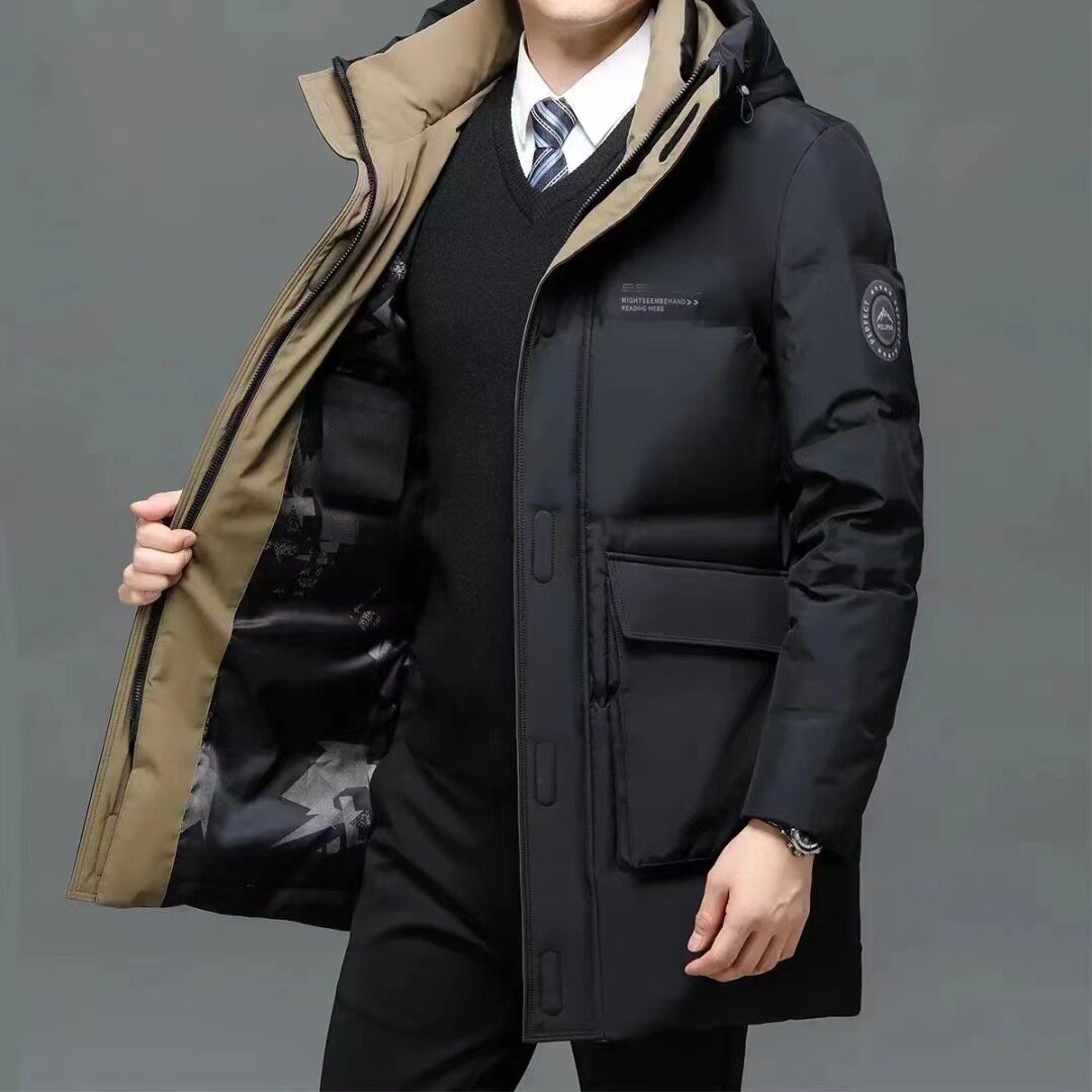 品牌剪标男士连帽中长款羽绒服 加厚保暖 防寒撤柜外套男装特价