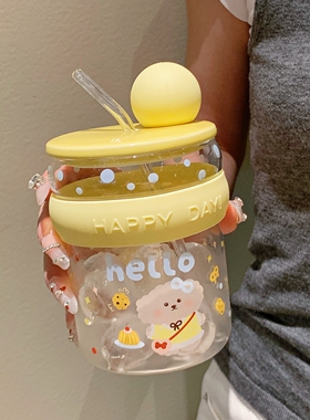夏日可爱高颜值玻璃水杯办公室家用带盖杯子2025新款耐高温吸管杯